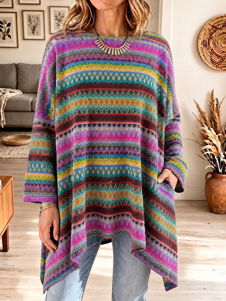 Damen Ponchopullover mit asymmetrischem Saum und Taschen