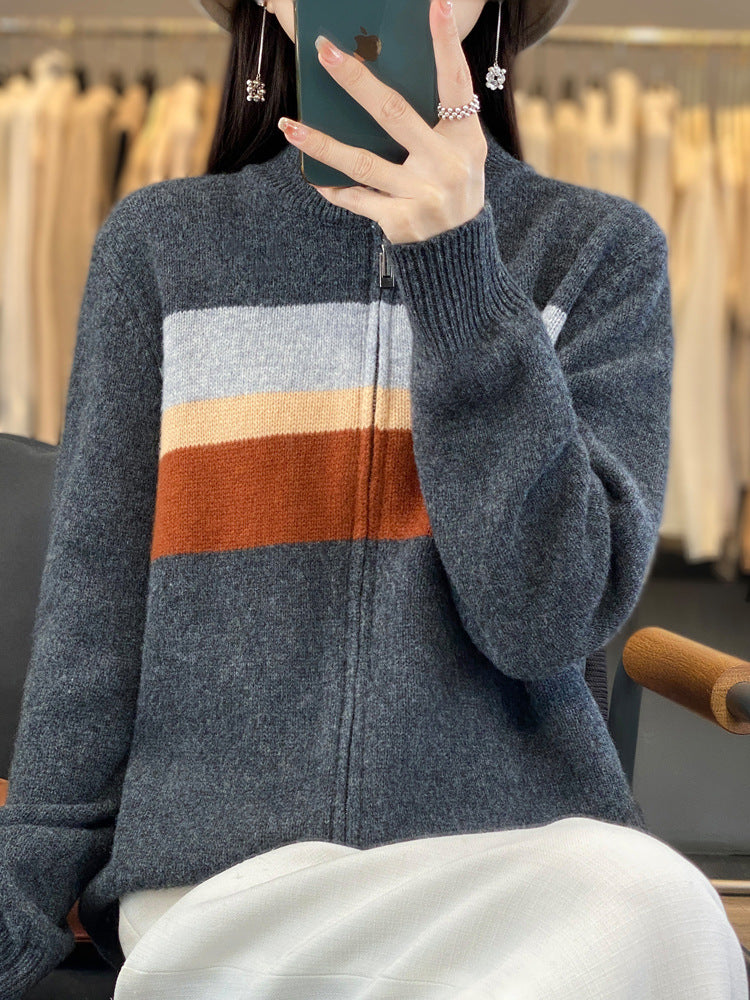 Damen Strickjacke mit Streifen und Reissverschluss