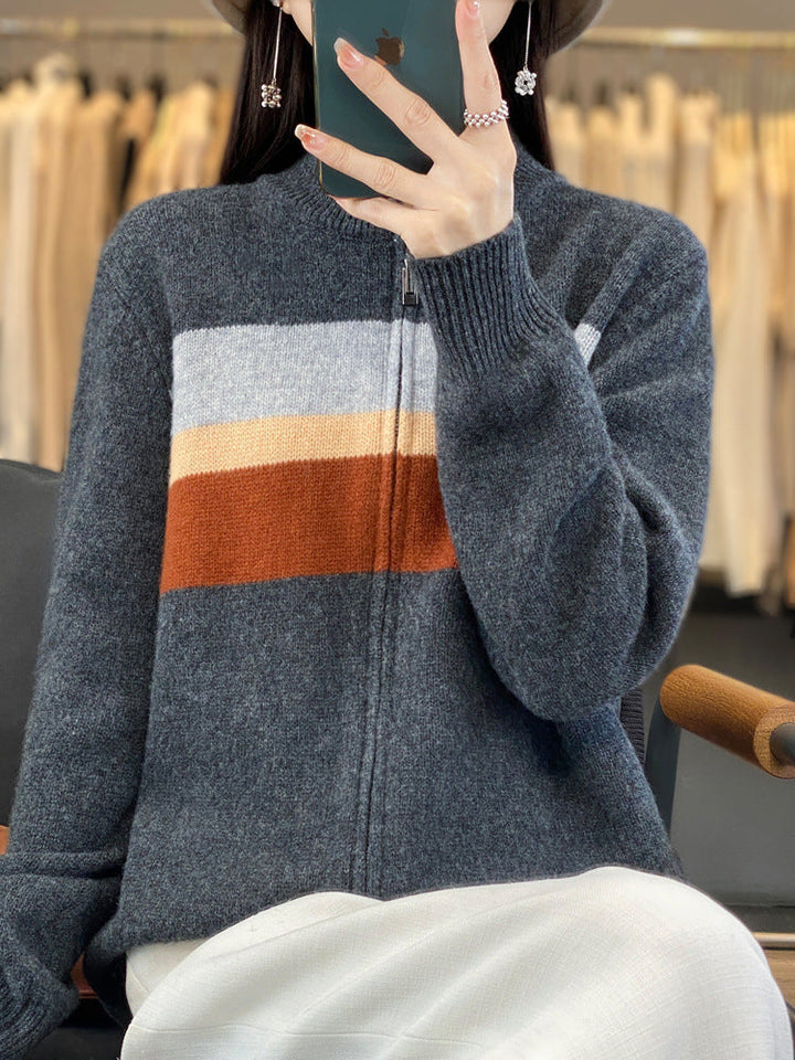 Damen Strickjacke mit Streifen und Reissverschluss
