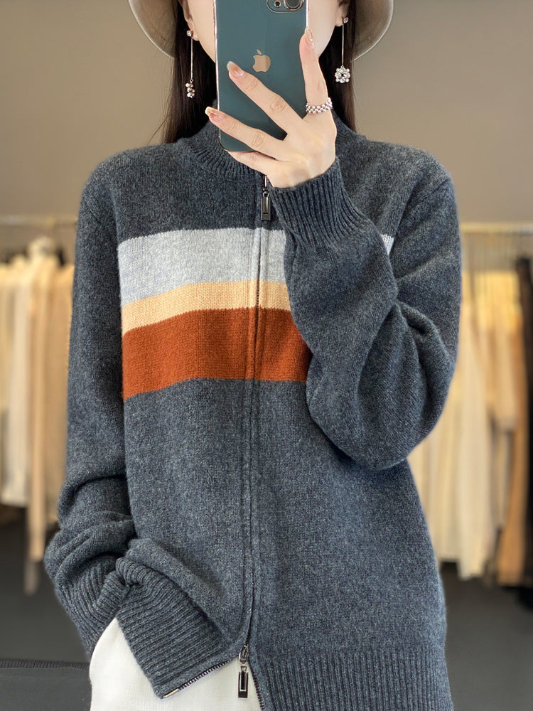 Damen Strickjacke mit Streifen und Reissverschluss