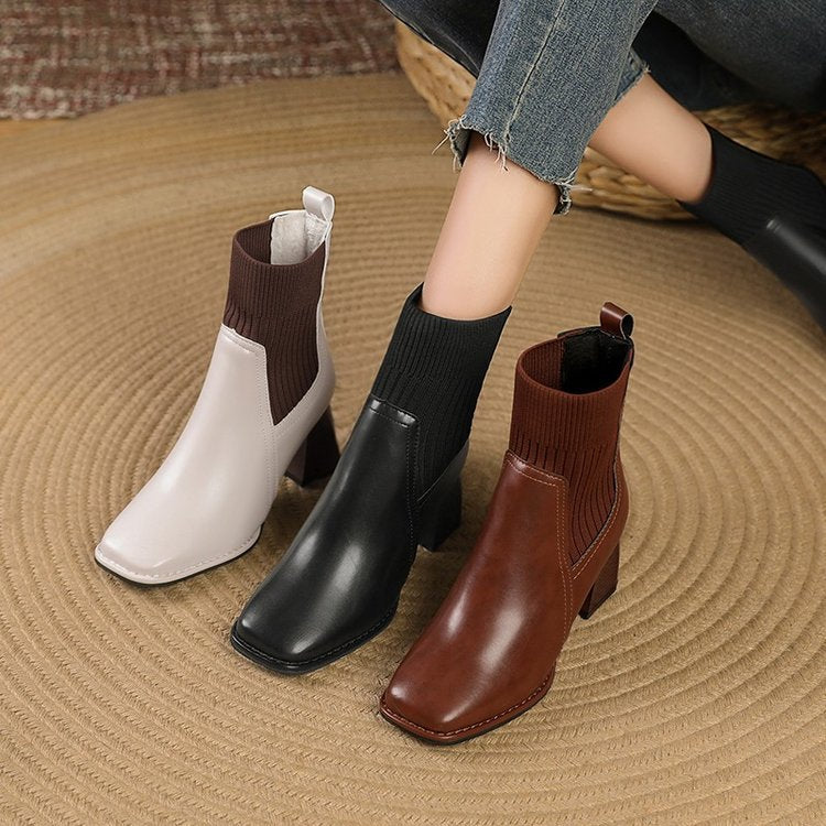 Damen Chunky Stiefeletten mit Strick-Einsatz und robustem Absatz