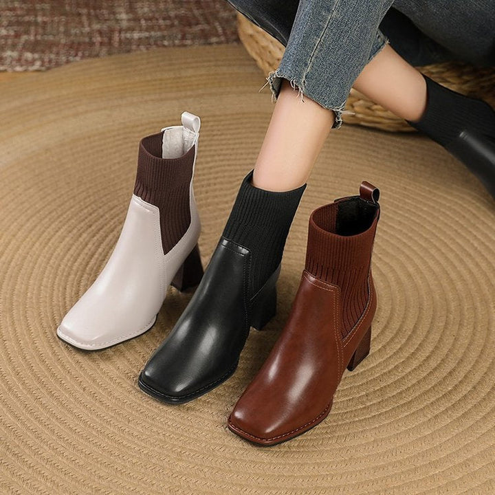 Damen Chunky Stiefeletten mit Strick-Einsatz und robustem Absatz
