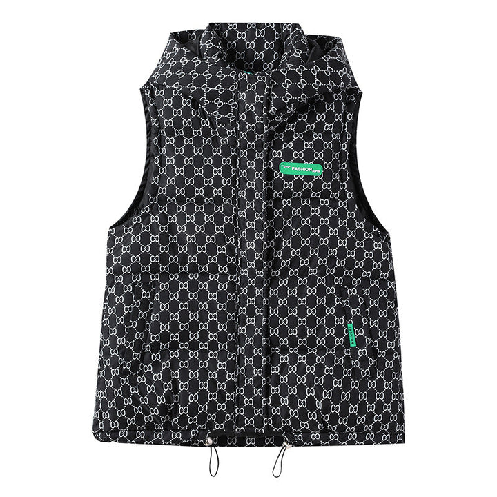 Women's quilted hooded vest with all-over logo print, padded insulation, and adjustable hem