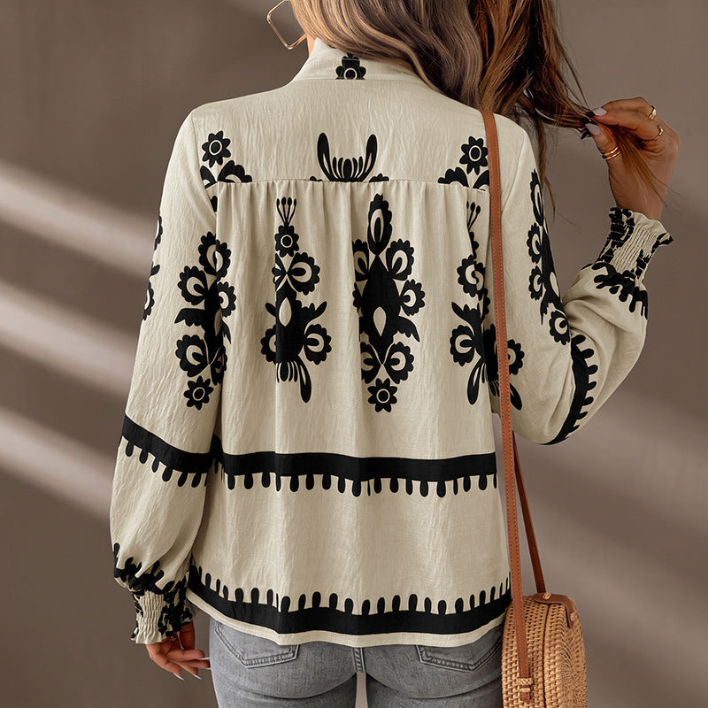 Blusa de manga comprida para senhora, com decote em V e botões