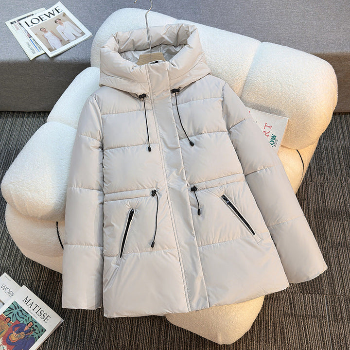 Damen kurze wattierte Kapuzenjacke mit hohem Stehkragen und Kordelzug