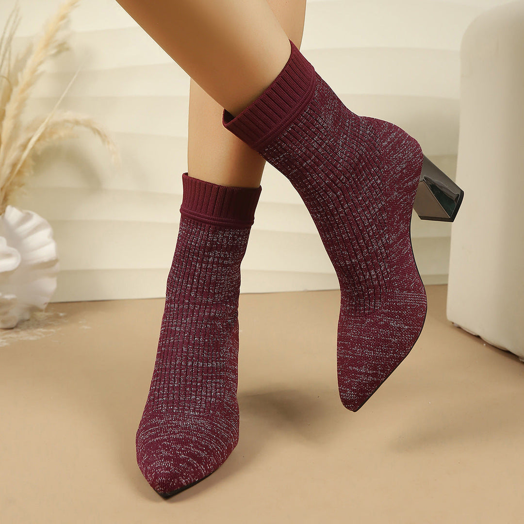 Women’s sock ankle boots with block heels and a ribbed texture
