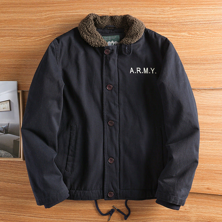 Giacca da uomo in tela con colletto in peluche, strato interno isolante e coulisse