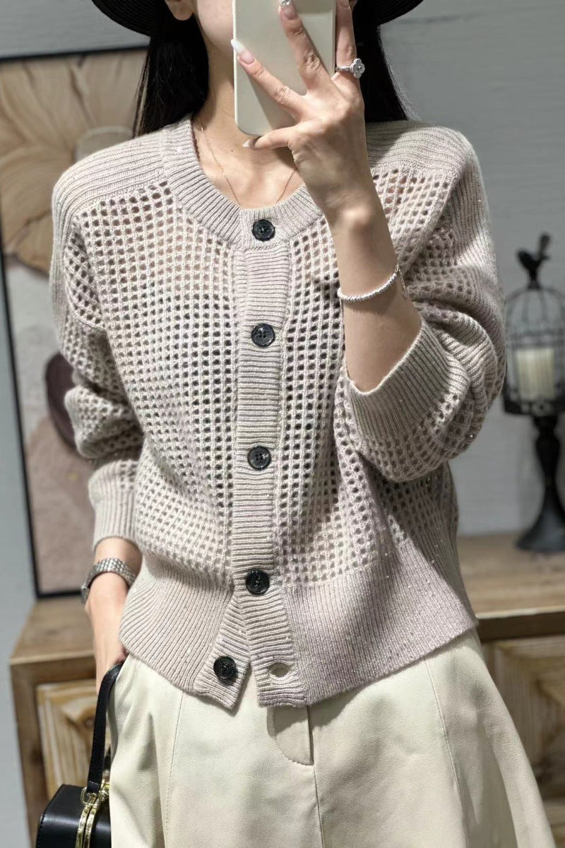 Cardigan da donna in mesh con scollo rotondo, abbottonatura e maniche lunghe