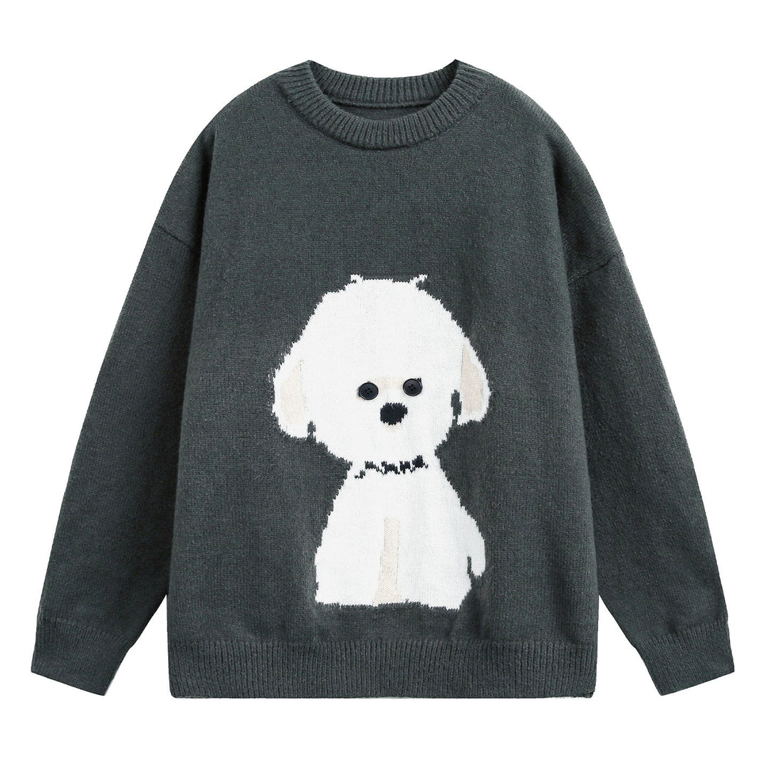 Damen Oversized Rundhals Pullover mit Hundemotiv