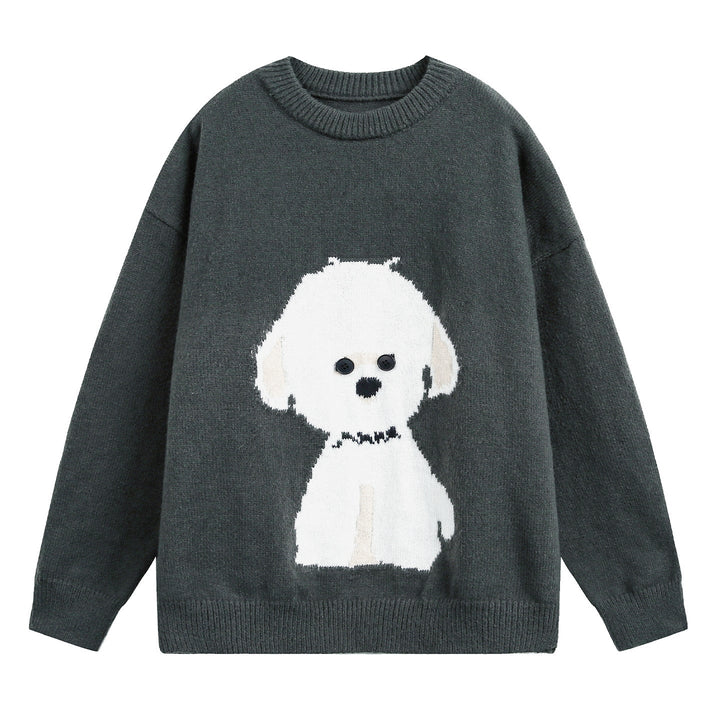 Damen Oversized Rundhals Pullover mit Hundemotiv