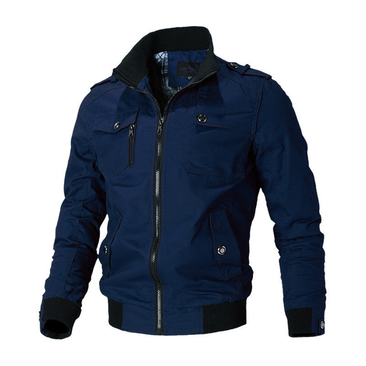 Miesten kestävä canvas-bomberjakki olkalaatoilla ja vetoketjukiinnityksellä edessä