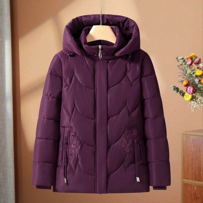 Damen gesteppte Thermo-Outdoorjacke mit Kapuze und floralem Taschenstickerei