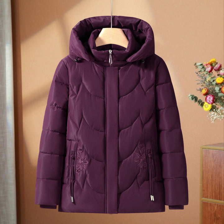 Damen gesteppte Thermo-Outdoorjacke mit Kapuze und floralem Taschenstickerei