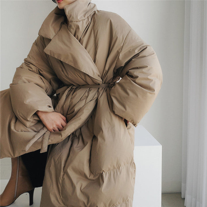 Damen Maxi-Steppmantel mit hohem Stehkragen und winddichter Wattierung