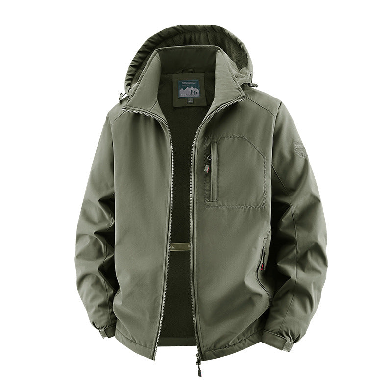 Men’s softshell tactical jacket with concealed hood and chest pocket