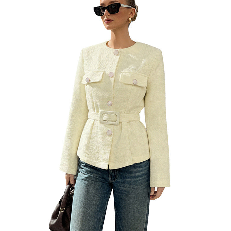 Gesa | Damen Blazer mit Rundhalsausschnitt, langen Ärmeln, Gürtel und Taschen