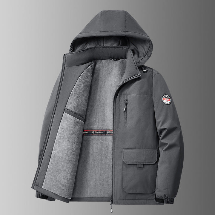 Herren gefütterte Softshell-Winterjacke mit Kapuze und multifunktionalen Taschen