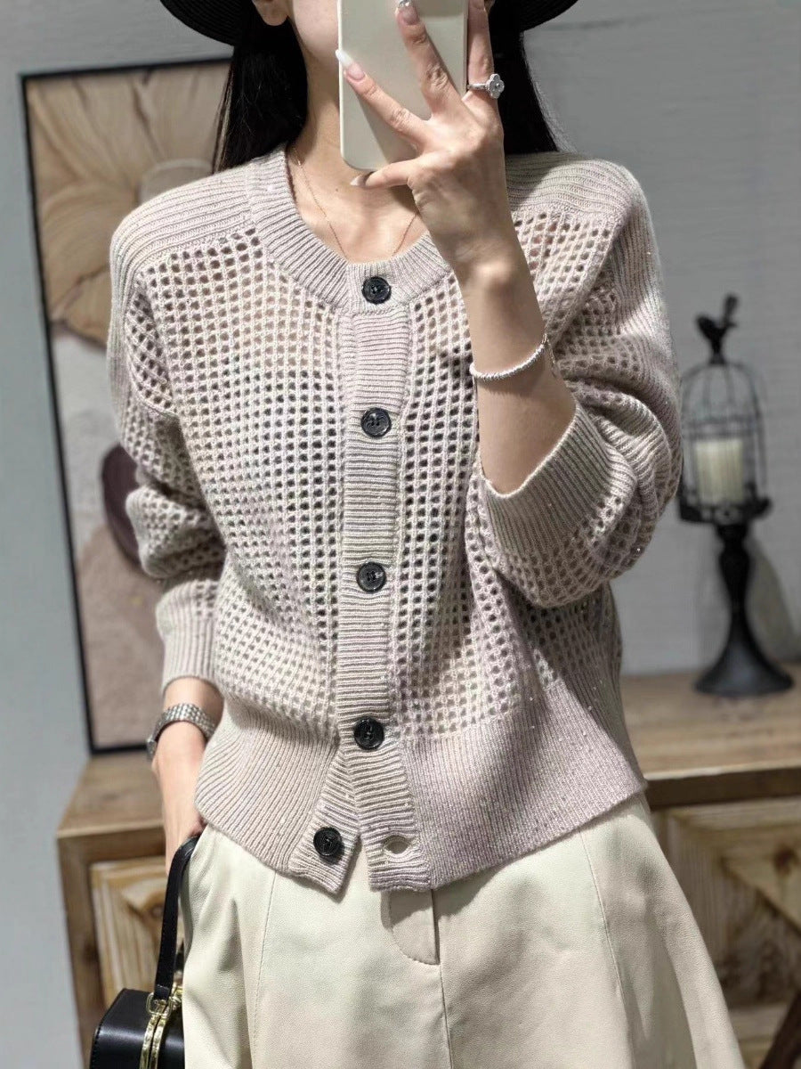 Cardigan da donna in mesh con scollo rotondo, abbottonatura e maniche lunghe