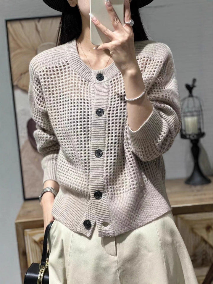 Cardigan da donna in mesh con scollo rotondo, abbottonatura e maniche lunghe