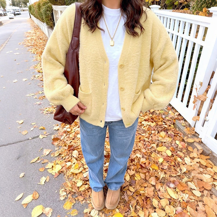 Cardigan pour femme à col en V, avec poches et boutons
