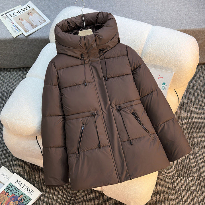 Damen kurze wattierte Kapuzenjacke mit hohem Stehkragen und Kordelzug