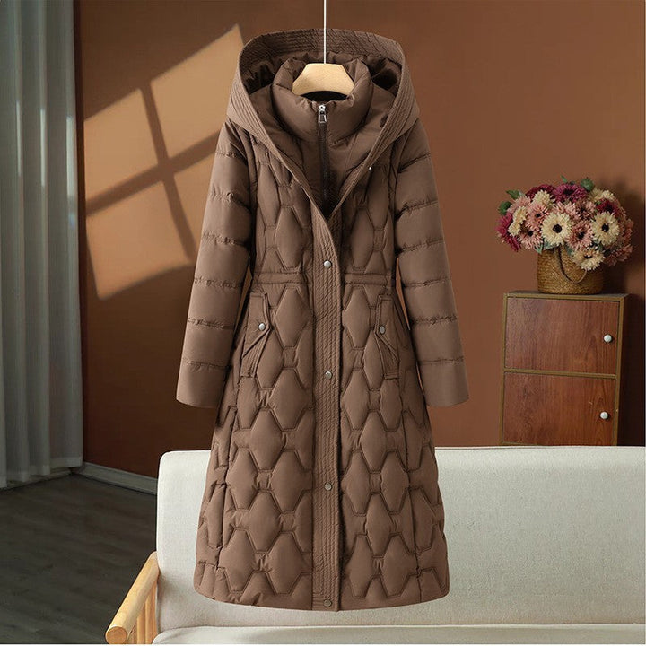 Casaco de inverno comprido acolchoado para senhora, com capuz e silhueta cintada