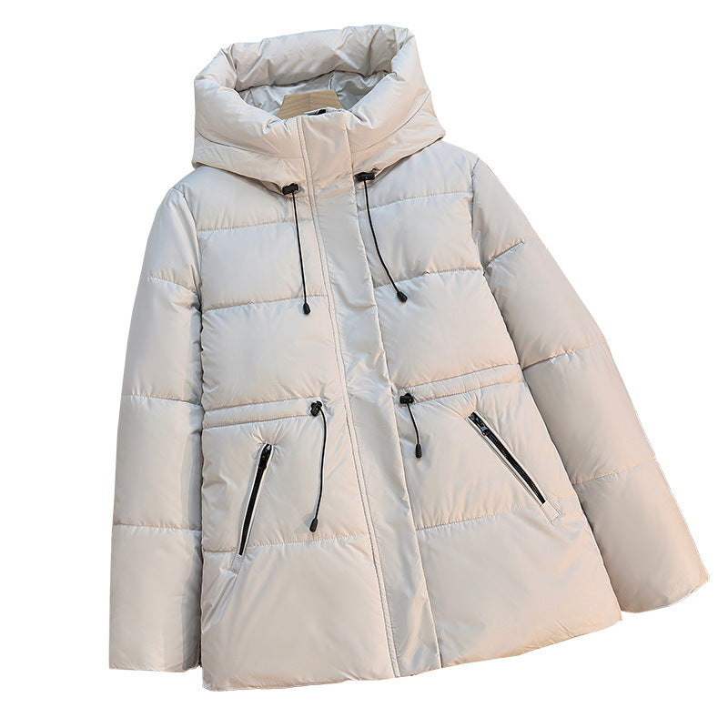 Damen kurze wattierte Kapuzenjacke mit hohem Stehkragen und Kordelzug