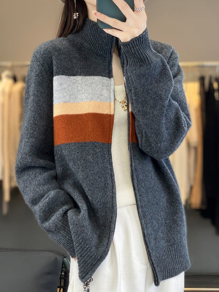 Damen Strickjacke mit Streifen und Reissverschluss