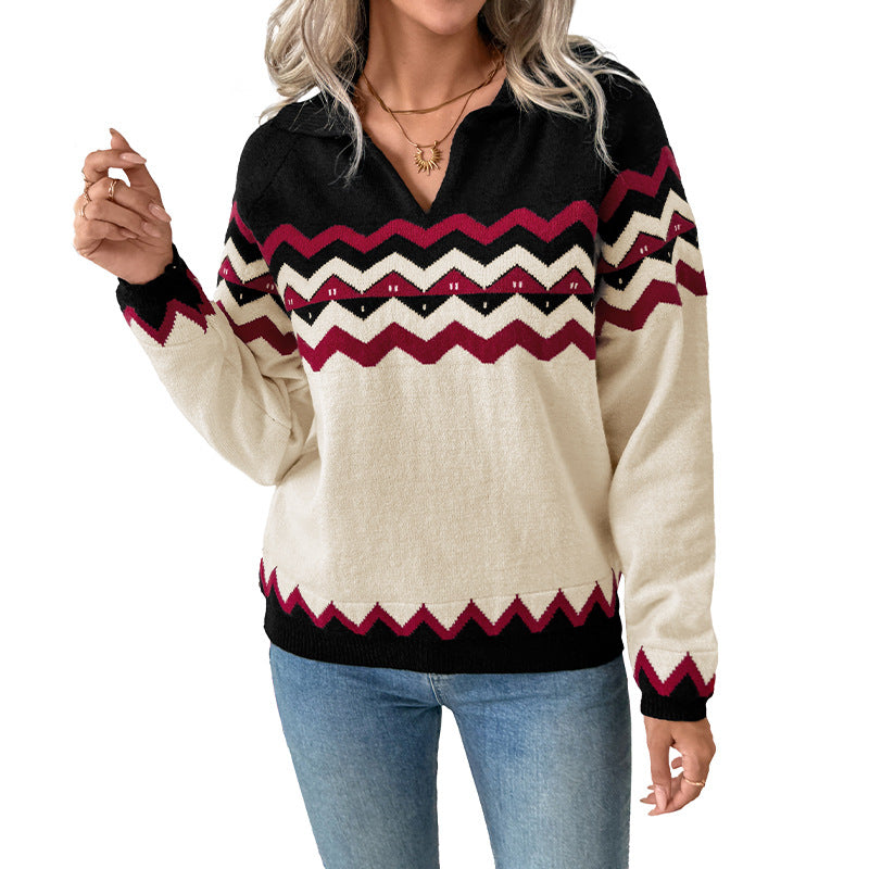 Maglione da donna con scollo a V, maniche lunghe e motivo a zigzag