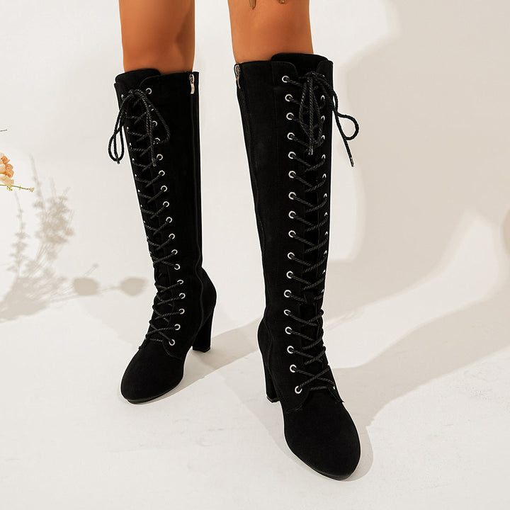 Damen Overkneestiefel mit Schnürdetail und Reißverschluss