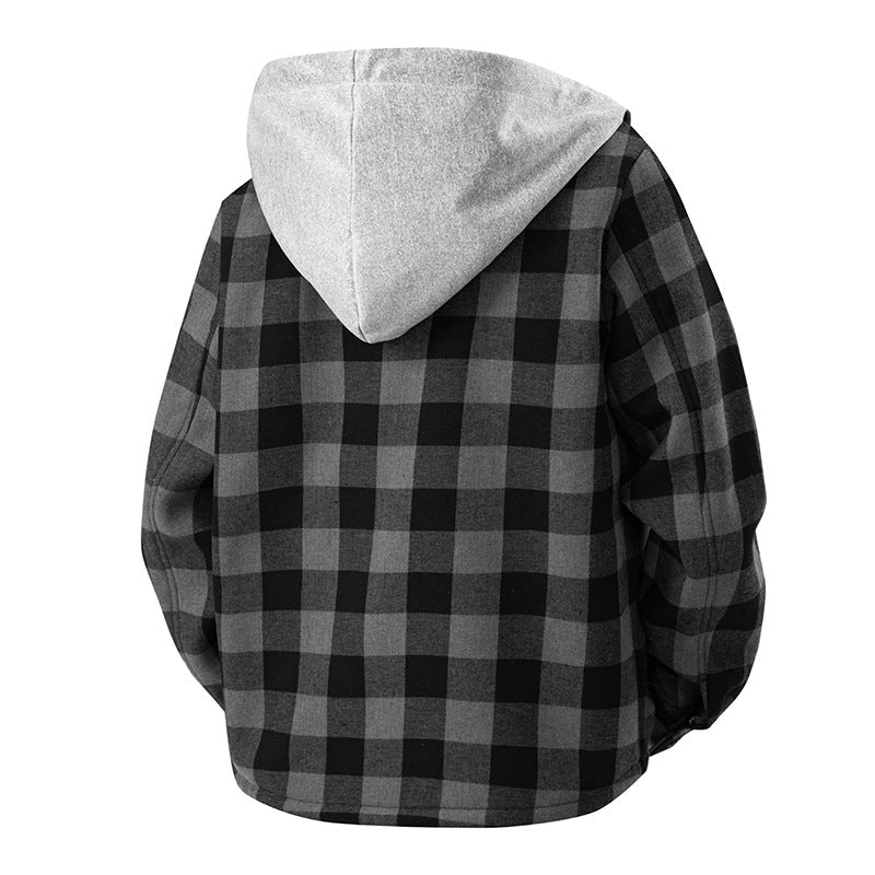 Men’s checkered overshirt with hood, chest pocket, and snap-button closure
