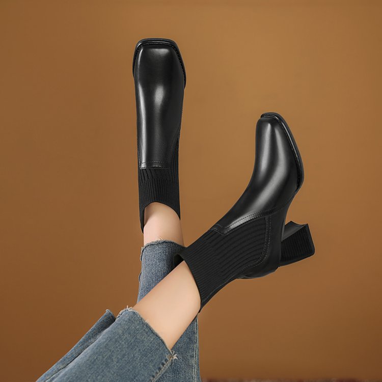 Damen Chunky Stiefeletten mit Strick-Einsatz und robustem Absatz