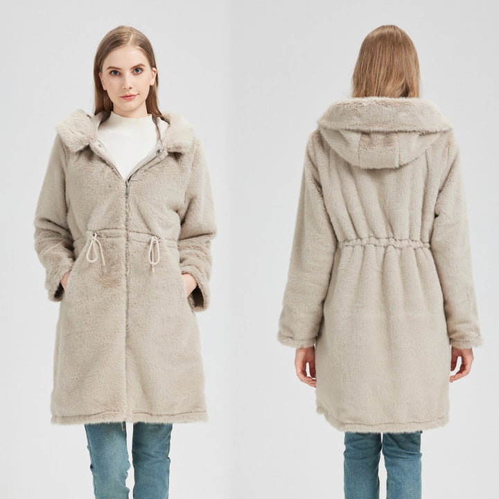 Parka largo para mujer con capucha desmontable y cordón ajustable en la cintura