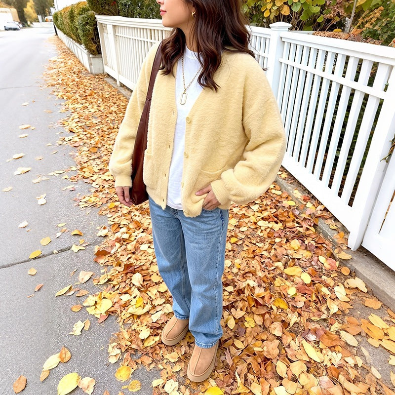 Cardigan pour femme à col en V, avec poches et boutons