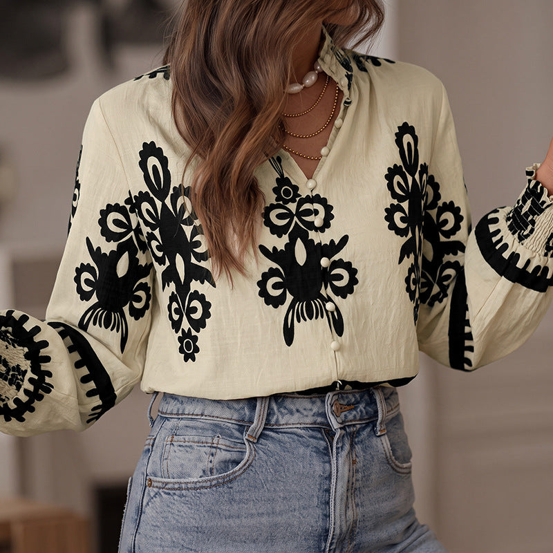 Blusa de manga comprida para senhora, com decote em V e botões