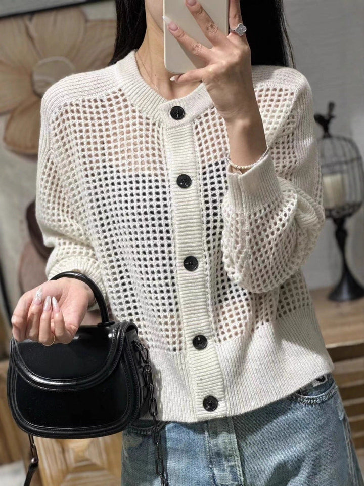 Cardigan da donna in mesh con scollo rotondo, abbottonatura e maniche lunghe