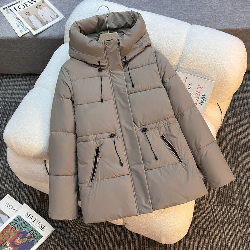 Damen kurze wattierte Kapuzenjacke mit hohem Stehkragen und Kordelzug