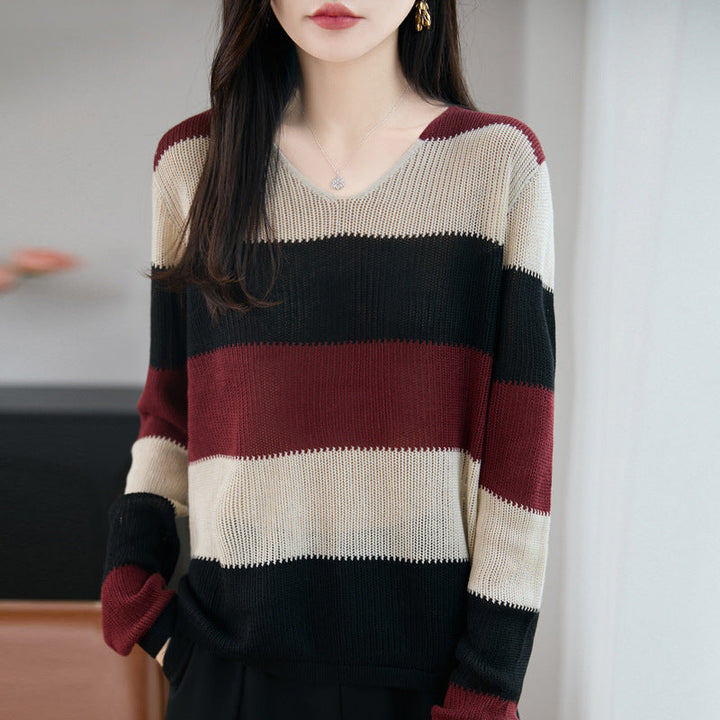 Damen Pullover mit V-Ausschnitt und Streifen