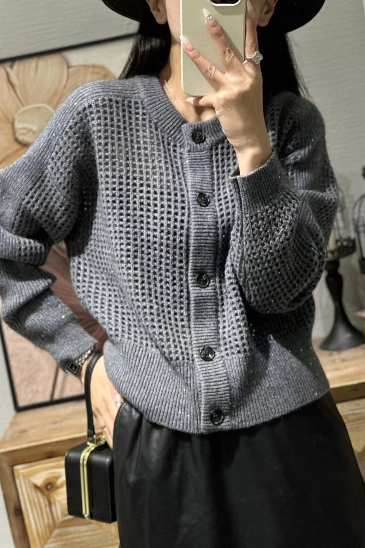Cardigan da donna in mesh con scollo rotondo, abbottonatura e maniche lunghe