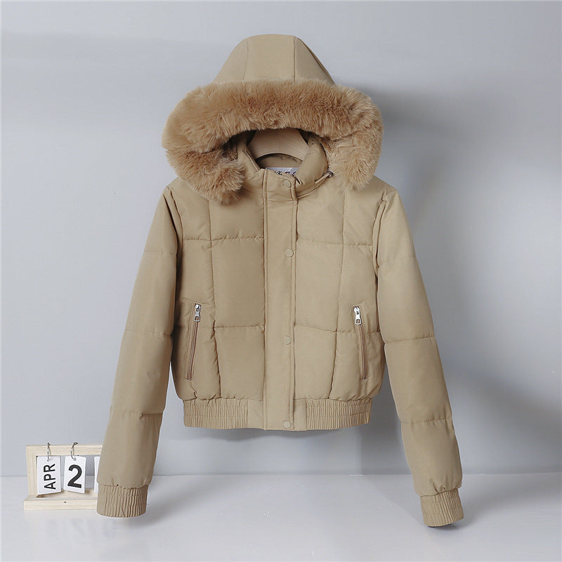Damen kurzer isolierender Kapuzenblouson mit Pelzkragenblende und elastischem Rippsaum