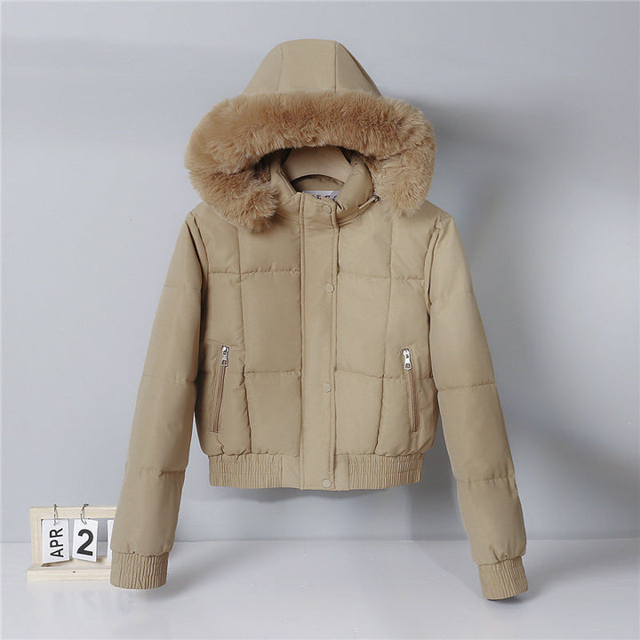 Damen kurzer isolierender Kapuzenblouson mit Pelzkragenblende und elastischem Rippsaum