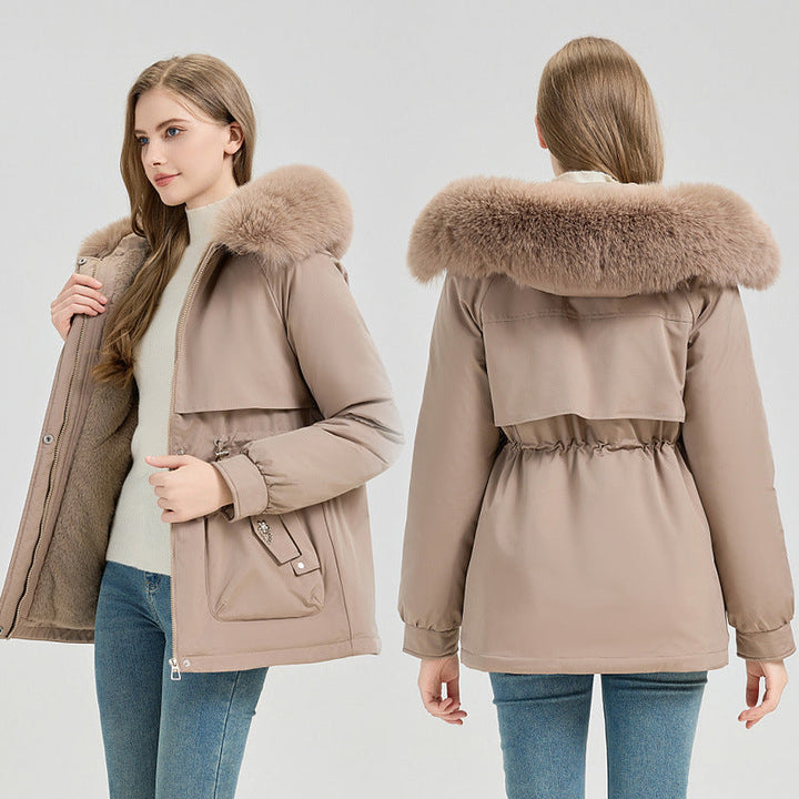 Cappotto corto da donna, sportivo e urbano, con cappuccio in pelliccia sintetica e coulisse