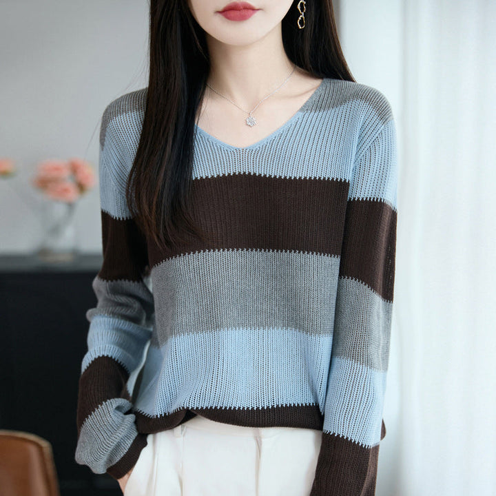 Damen Pullover mit V-Ausschnitt und Streifen