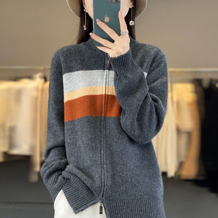 Damen Strickjacke mit Streifen und Reissverschluss