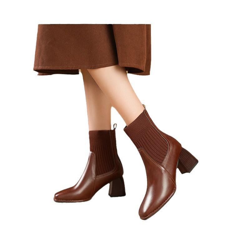 Damen Chunky Stiefeletten mit Strick-Einsatz und robustem Absatz