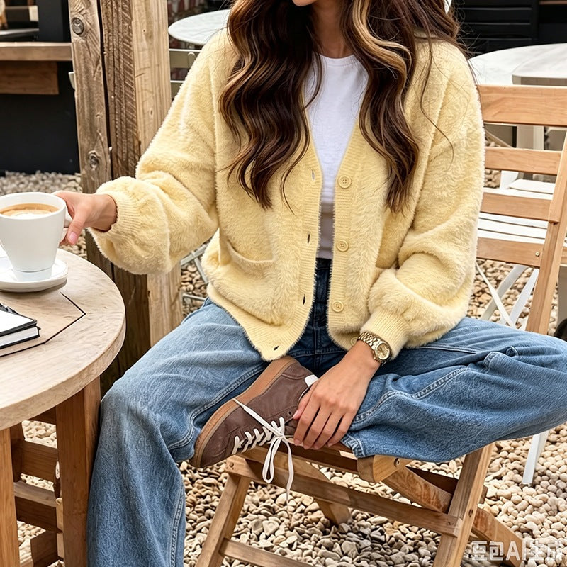 Cardigan pour femme à col en V, avec poches et boutons