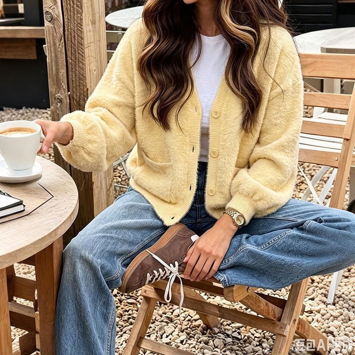 Cardigan pour femme à col en V, avec poches et boutons