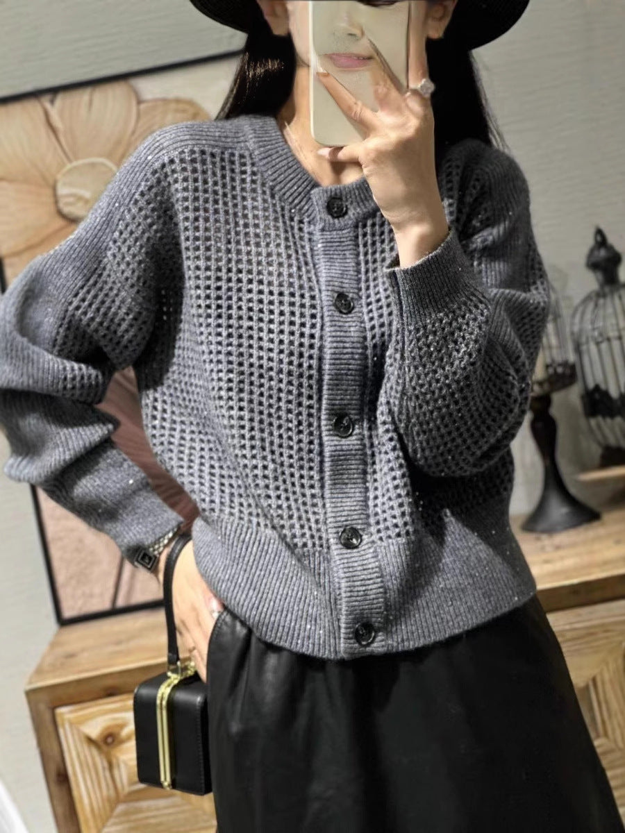 Cardigan da donna in mesh con scollo rotondo, abbottonatura e maniche lunghe