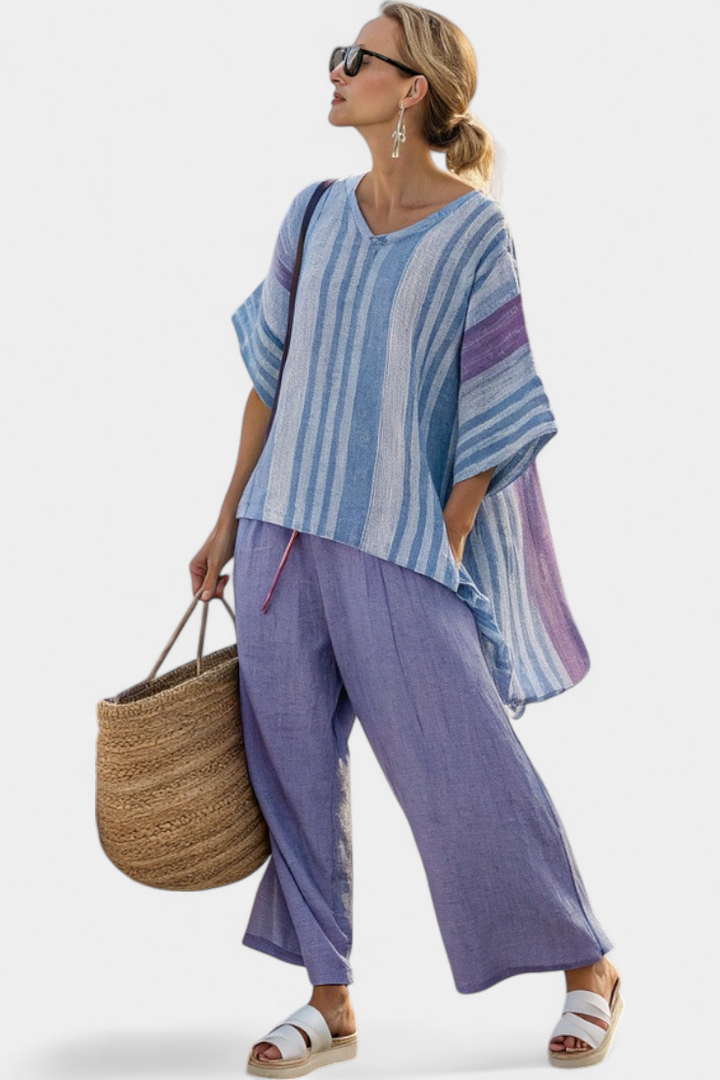 Carlotta – top elegante Lavendel und Himmelblau und Leinenhose