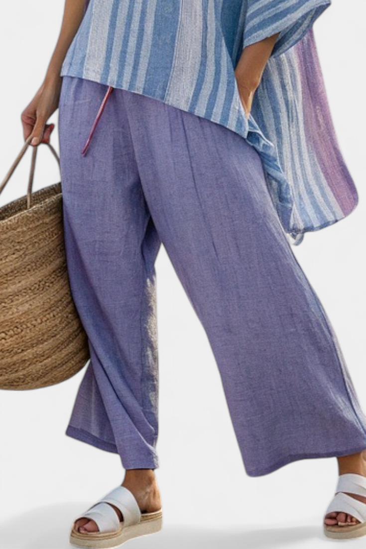 Carlotta – top elegante Lavendel und Himmelblau und Leinenhose